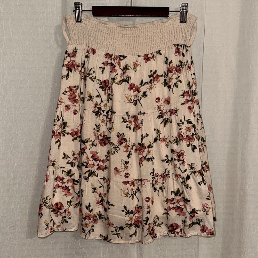 TEMT 6 High Waist Cotton Blend Floral Ivory Pink Green Tiered A Line Skirt